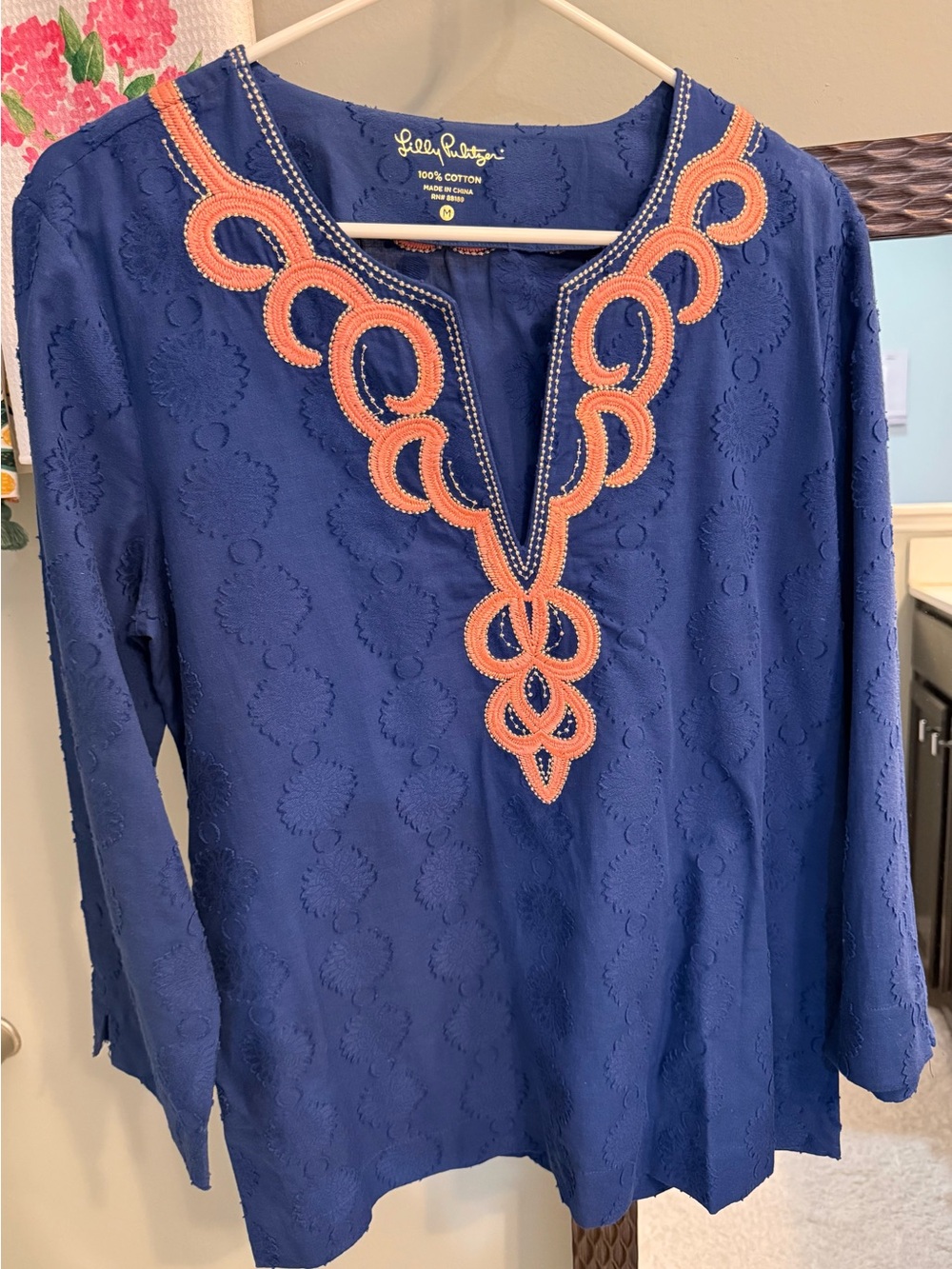 Lilly Pulitzer Navy Cotton Embroidered V-Neck Tunic with Coral Trim- Worn once
